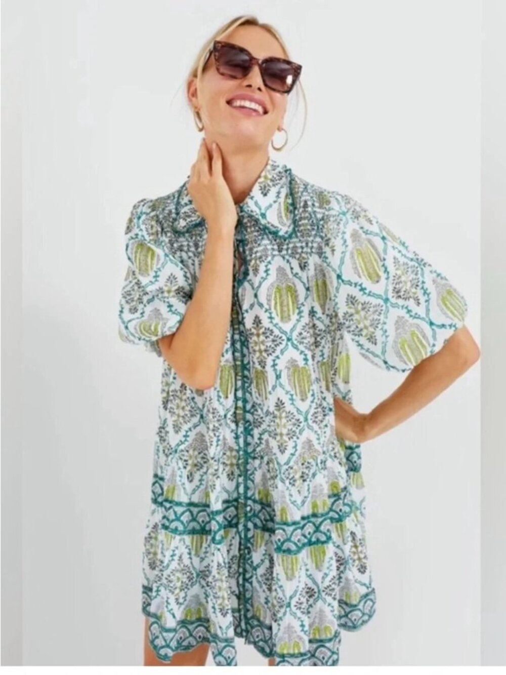 Ash Eden Green Zinnia Floral Collared Shirt Dress Womens Size Medium